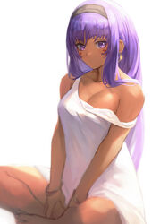  alternate_costume barefoot breasts dark-skinned_female dark_skin fate/grand_order fate_(series) feet_out_of_frame female highres long_hair looking_at_viewer nitocris_(fate) otsukemono purple_eyes purple_hair shirt simple_background sitting solo white_background white_shirt 