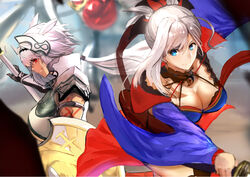  2girls animal_ears armor back-to-back blue_eyes breasts caenis_(fate) dark-skinned_female dark_skin dual_wielding fate/grand_order fate_(series) holding holding_polearm holding_sword holding_weapon japanese_clothes jewelry jikihatiman kimono lance long_hair looking_at_viewer looking_back miyamoto_musashi_(fate) miyamoto_musashi_(third_ascension)_(fate) multiple_girls necklace open_mouth pink_hair pointy_ears polearm ponytail red_eyes smile spear sword tattoo upper_body weapon white_hair 