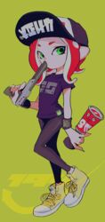  baseball_cap black_hat black_leggings black_shirt commentary cross-laced_footwear female fingernails green_background green_eyes hat holding holding_weapon imaikuy0 inkling_(language) leggings logo medium_hair n-zap_(splatoon) octoling octoling_girl octoling_player_character print_headwear print_shirt red_hair sharp_fingernails shirt shoes short_sleeves sneakers solo splatoon_(series) splatoon_2 standing standing_on_one_leg suction_bomb_(splatoon) suction_cups symbol-only_commentary t-shirt tentacle_hair weapon wristband yellow_footwear 