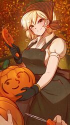  black_gloves blonde_hair borrowed_character commentary earrings english_commentary female food-themed_earrings gloves green_eyes highres jack-o&#039;-lantern jewelry lenny_face looking_at_viewer merunyaa original pov pov_hands puff_of_air puffy_short_sleeves puffy_sleeves pumpkin pumpkin_earrings sammy_(bestsammy) short_hair short_sleeves smile solo_focus 