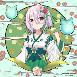  absurdres antenna_hair bell blush bow chinese_commentary collarbone commentary_request copyright_name elf female floral_background flower green_bow green_hakama green_kimono hair_between_eyes hair_flower hair_ornament hakama hakama_skirt hand_up highres japanese_clothes jie_xian_(tsuki) jingle_bell kimono kokkoro_(new_year)_(princess_connect!) kokkoro_(princess_connect!) long_sleeves miko parted_lips pointy_ears princess_connect! red_eyes red_flower short_hair skirt solo two-tone_kimono white_flower white_hair white_kimono wide_sleeves 