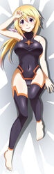  barefoot black_leggings black_leotard blonde_hair breasts charlotte_dunois commentary_request dakimakura_(medium) detached_leggings female full_body highres infinite_stratos jewelry kuroda_ariake large_breasts leggings leotard long_hair lying on_back pendant pilot_suit purple_eyes science_fiction solo 