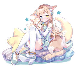  amimi animal_ear_fluff animal_ears bad_id bad_pixiv_id blue_eyes blue_flower commission crescent dot_nose elbow_gloves female flower fox_ears fox_girl fox_tail full_body garter_belt gloves heterochromia highres holding holding_stuffed_toy light_brown_hair long_hair looking_at_viewer multiple_tails original parted_lips pillow platform_footwear platform_heels polka_dot_pillow simple_background sitting sitting_on_pillow skeb_commission solo star-shaped_pillow star_(symbol) striped_pillow stuffed_fox stuffed_toy tail thighhighs thighs white_background white_gloves white_thighhighs yellow_eyes 