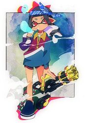  bad_id bad_twitter_id black_footwear black_hair black_shorts blue_background blue_jacket border candy collared_jacket female food full_body gatling_gun gun headband heavy_splatling_(splatoon) holding holding_gun holding_weapon inkling inkling_girl inkling_player_character jacket lollipop long_sleeves looking_at_viewer looking_to_the_side maumau_pstaaa medium_hair mini_person minigirl pink_eyes shoes short_shorts shorts smoke solo splatoon_(series) splatoon_2 weapon white_border zipper 