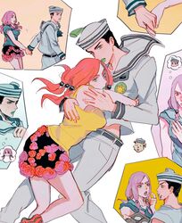  1boy black_hair breasts closed_mouth commentary dixie_cup_hat eating english_commentary female flower flower_skirt food food_on_face green_eyes green_lips hair_bobbles hair_ornament hat higashikata_josuke_(jojolion) highres hirose_yasuho holding_hands hug jojo_no_kimyou_na_bouken jojolion long_hair long_sleeves looking_at_viewer midriff_peek military_hat mutual_hug oratoza pants parted_lips pink_hair pink_lips sailor shirt skirt straight white_pants 