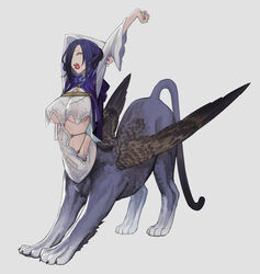  arms_up blue_capelet blue_fur blue_hair blue_horns breasts brown_wings capelet cat_stretch cat_tail centauroid closed_eyes feathered_wings female fingernails full_body grey_background hair_over_one_eye hood hooded_capelet horns large_breasts long_sleeves monster_girl open_mouth original purple_nails sharp_fingernails short_hair sideless_outfit simple_background solo sphinx standing stretching tail taur underboob wings yawning yijiao 