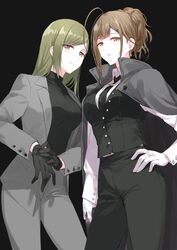  2girls adjusting_clothes adjusting_gloves ahoge alternate_hairstyle bad_id bad_twitter_id black_gloves black_neckwear black_pants black_shirt black_vest brown_eyes brown_hair collared_shirt commentary_request earrings formal gloves green_eyes green_hair grey_pants grey_suit hair_down hand_on_own_hip highres idolmaster idolmaster_shiny_colors jacket jacket_on_shoulders jewelry kuwayama_chiyuki multiple_girls nanakusa_hazuki pant_suit pants parted_lips romi_(346_ura) shirt suit turtleneck vest white_gloves white_shirt 