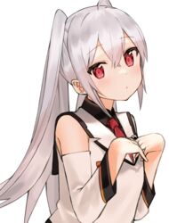  bare_shoulders black_shirt blush closed_mouth collared_shirt commentary_request detached_sleeves female grey_hair hair_between_eyes hands_up highres idemitsu isla_(plastic_memories) jacket long_hair necktie plastic_memories red_eyes red_necktie shirt sidelocks simple_background sleeveless sleeveless_jacket solo twintails upper_body very_long_hair white_background white_jacket white_sleeves 