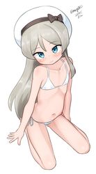  absurdres bikini blue_eyes collarbone dated female flat_chest grey_hair hat highres javelin_(kancolle) kantai_collection long_hair maru_(marg0613) one-hour_drawing_challenge sailor_hat side-tie_bikini_bottom simple_background sitting solo swimsuit twitter_username wariza white_background white_bikini white_headwear 