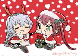  2girls antlers asagumo_(kancolle) black_pantyhose brown_hair cake capelet chibi christmas christmas_cake closed_eyes feeding food fur_trim grey_hair hair_ornament hair_ribbon hair_scrunchie hat heart horns kantai_collection long_hair long_sleeves low-tied_long_hair merry_christmas multiple_girls open_mouth pantyhose ribbon santa_hat scrunchie simple_background sitting skirt tane_juu-gou twintails wreath yamagumo_(kancolle) 