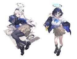  2girls absurdres aqua-framed_eyewear black_footwear black_gloves black_hair black_pantyhose black_socks blue_archive blue_necktie blue_sweater_vest breasts brown_skirt chihiro_(blue_archive) flower glasses gloves hair_between_eyes hair_flower hair_ornament hairband halo highres himari_(blue_archive) jacket kneehighs ktr_(tpun2553) large_breasts long_hair long_sleeves looking_at_viewer miniskirt mole mole_under_eye multicolored_clothes multicolored_jacket multiple_girls necktie pantyhose pointy_ears purple_eyes rabbit_hair_ornament semi-rimless_eyewear shirt shoe_dangle short_hair skirt socks sweater_vest two-tone_jacket uniform very_long_hair white_hair white_halo white_shirt 