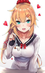  akai_haato akai_haato_(casual) black_sailor_collar blonde_hair blush bow breasts collarbone dress feeding female fingernails fork green_eyes hair_between_eyes hair_ornament hair_ribbon hair_tie hairclip hasumushi heart highres hololive large_breasts larva long_fingernails long_hair long_sleeves looking_at_viewer official_alternate_costume official_alternate_hairstyle open_mouth ponytail red_bow red_ribbon ribbon sailor_collar sailor_dress scrunchie smile solo very_long_hair virtual_youtuber white_dress x_hair_ornament 