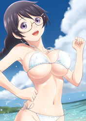  bakemonogatari bikini black_hair blue_eyes breasts clenched_hand cloud commentary covered_nipples female glasses hair_ornament hairclip halterneck hanekawa_tsubasa huumoon large_breasts monogatari_(series) navel ocean open_mouth side-tie_bikini_bottom solo string_bikini swimsuit white_bikini 