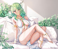  alternate_costume anklet antlers artist_name bare_shoulders barefoot barefoot_sandals_(jewelry) blush bracelet braid braided_bangs branch breasts ceres_fauna cleavage dancer feet female flower green_hair green_nails hair_flower hair_ornament harem_outfit highres hololive hololive_english horns jewelry large_breasts legs long_hair looking_at_viewer mole mole_under_eye mouth_veil multicolored_hair nail_polish paid_reward_available pillow plant revealing_clothes ruby_suguri sideboob smile solo thighs toenail_polish toenails veil virtual_youtuber yellow_eyes 