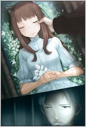  1boy animal_ears ayakura_juu brown_hair colorized craft_lawrence female flower funeral grey_eyes grey_hair highres holding holding_flower holo long_hair m.k.ray smile spice_and_wolf spoilers wolf_ears wolf_girl 