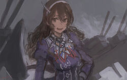  ashigara_(kancolle) ashigara_kai_ni_(kancolle) breasts brown_eyes brown_hair female grey_background hair_between_eyes hairband highres kantai_collection long_hair long_sleeves military military_uniform moor open_mouth rigging simple_background solo uniform upper_body wavy_hair white_hairband 