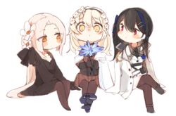  aug_(girls&#039;_frontline) black_hair blonde_hair cape dress flower girls&#039;_frontline hair_between_eyes hair_flower hair_ornament hair_ribbon hairband hairclip hexagram holding jericho_(girls&#039;_frontline) ki_lllorz long_hair ribbon star_of_david x95_(girls&#039;_frontline) yellow_eyes 