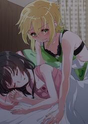  2girls absurdres akatsuki_kirika bad_id bad_pixiv_id bed_sheet bedroom black_bra black_hair blonde_hair blush bra breasts cleavage closed_eyes closed_mouth collarbone green_eyes green_overalls highres indoors kumeringo_touho long_hair lying multiple_girls on_side pillow pink_shirt senki_zesshou_symphogear shirt short_hair sleeping sleeveless sleeveless_shirt small_breasts tsukuyomi_shirabe underwear yuri 