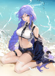  absurdly_long_hair absurdres azur_lane bare_legs bare_shoulders beach belt biloxi_(azur_lane) black_footwear black_jacket black_shorts blue_eyes blue_hair braid braided_ponytail breasts caustics collared_shirt commentary crop_top cropped female fishnets highres jacket large_breasts long_hair long_sleeves looking_at_viewer lower_teeth_only micro_shorts midriff navel necktie ocean off_shoulder ohisashiburi open_clothes open_jacket open_mouth shirt shoes short_shorts shorts shoulder_strap single_braid sitting skindentation sleeveless sleeveless_shirt solo stomach strap teeth thigh_strap thighs very_long_hair water wet white_shirt yokozuwari 