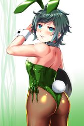  absurdres animal_ears ass black_hair detached_collar female green_eyes green_leotard highres kantai_collection leotard looking_back matsukaze_(kancolle) playboy_bunny rabbit_ears rabbit_tail short_hair smile solo strapless strapless_leotard tail wrist_cuffs yellow_quokka 