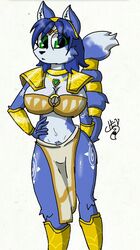  animal_humanoid anthro armor big_breasts blue_body blue_fur blue_hair breasts canid canine clothed clothing female fox foxchen fur gold_(metal) hair huge_breasts humanoid krystal_(star_fox) mammal nintendo pubes solo star_fox white_body white_fur 