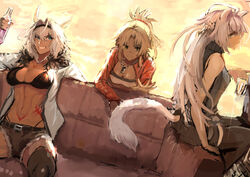  3girls animal_ears atalanta_(fate) atalanta_alter_(fate) bikini black_bikini blonde_hair boots bottle breasts caenis_(fate) commentary_request couch cup dark-skinned_female dark_skin drinking_glass fate/grand_order fate_(series) hairband holding holding_bottle holding_cup jacket jikihatiman leg_belt long_hair looking_at_viewer looking_back mordred_(fate) mordred_(fate/apocrypha) multiple_girls necktie open_mouth pants pointy_ears ponytail short_hair shorts sitting smile sunlight sweater swimsuit tail tattoo teeth thigh_boots thighhighs vest white_hair wine_glass 