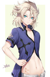  1boy albedo_(genshin_impact) belt blonde_hair blue_eyes blue_shirt closed_mouth collarbone collared_shirt commentary cowboy_shot earrings genshin_impact groin hair_between_eyes highres jewelry long_torso looking_at_viewer male_focus medium_hair nasaniliu navel open_fly partially_unbuttoned scar scar_on_neck shirt short_sleeves shorts sidelocks signature simple_background solo standing stomach tied_hair toned toned_male white_belt white_shorts 