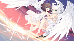  2girls absurdres alternate_costume angel_wings animal_ear_fluff animal_ears ass bare_legs barefoot brown_hair commentary_request dutch_angle feathered_wings feathers fox_ears fox_girl fox_tail green_eyes hair_between_eyes highres hololive horizon long_hair lr_(last_remote_514) multiple_girls natsuiro_matsuri ocean see-through shirakami_fubuki sky sunset tail very_long_hair virtual_youtuber water white_feathers white_hair white_wings wings 