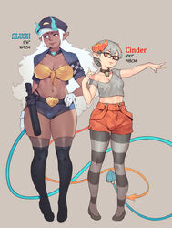  2girls black-framed_eyewear black_legwear blue_choker blue_eyes blue_headwear blue_horns blue_tail body_freckles breasts brown_choker character_name choker cinder_(norasuko) cleavage collarbone commentary crop_top dark-skinned_female dark_skin demon_girl demon_horns demon_tail english_commentary freckles glasses gloves grey_background grey_hair grey_legwear grey_shirt hat highres horns large_breasts long_hair looking_to_the_side medium_breasts midriff mole mole_under_eye multiple_girls navel norasuko off-shoulder_shirt off_shoulder orange_eyes orange_shorts original pantyhose pointy_ears police police_hat police_uniform policewoman shirt short_hair short_shorts shorts simple_background skull_choker slush_(norasuko) standing striped_clothes striped_pantyhose tail thighhighs thighs uniform white_gloves white_hair 