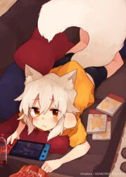  animal_ear_fluff animal_ears bike_shorts blush chips_(food) couch female food fox_ears fox_girl fox_tail lying manga_(object) nintendo_switch oerba_yun_fang off_shoulder on_stomach orange_eyes original pillow rimukoro skin_fang soda_bottle tail white_hair 