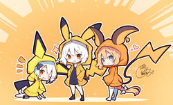  3girls ;d beni_shake black_dress black_thighhighs blonde_hair blush bow braid brown_background brown_eyes chibi closed_mouth collarbone commentary_request cosplay dress evolutionary_line fate/grand_order fate_(series) hair_between_eyes hairbow heart highres hood hood_up hooded_jacket jacket jeanne_d&#039;arc_(fate) jeanne_d&#039;arc_(ruler)_(fate) jeanne_d&#039;arc_alter_(avenger)_(fate) jeanne_d&#039;arc_alter_(fate) jeanne_d&#039;arc_alter_santa_lily_(fate) long_hair multiple_girls no_shoes notice_lines one_eye_closed open_mouth orange_jacket outline parted_lips pichu pichu_(cosplay) pikachu pikachu_(cosplay) pikachu_ears pikachu_tail pokemon pokemon_ears pokemon_tail raichu raichu_(cosplay) shadow signature smile socks sparkle sparkle_background standing tail thighhighs very_long_hair white_bow white_hair white_legwear white_outline yellow_jacket 