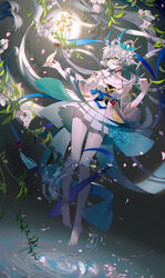  absurdres bare_legs bare_shoulders barefoot blue_dress closed_mouth commentary_request dress feet female flower full_body gradient_dress green_eyes grey_hair guaisanmu hair_flower hair_ornament hair_rings hands_up highres lantern legs long_hair low_twintails luo_tianyi off-shoulder_dress off_shoulder skirt sleeves_past_elbows solo tassel toenails toes twintails very_long_hair vocaloid vsinger water white_dress white_flower white_skirt 