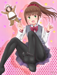  2girls :d animal_costume arms_up bear_costume black_pantyhose blunt_bangs blush bow bowtie brown_hair candy collared_shirt commentary dated dated_commentary feet food green_eyes grey_sweater_vest hair_ornament hair_scrunchie hands_up happy hitori_bocchi hitoribocchi_no_marumaru_seikatsu holding holding_food honshou_aru legs lollipop long_hair long_sleeves looking_at_viewer multiple_girls no_shoes open_mouth pantyhose pink_background pleated_skirt ponytail red_bow red_bowtie red_eyes red_scrunchie samenoido school_uniform scrunchie shirt signature skirt smile soles solo_focus star_(symbol) starry_background sweater_vest thighs white_shirt 