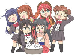  6+girls ^_^ aijou_karen black_eyes black_hair black_jacket black_skirt blazer blue_eyes blue_hair bow bowtie brown_hair chibi closed_eyes collared_shirt commentary cowboy_hat crossover dress erica_fontaine freckles gemini_sunrise gloves hat jacket japanese_clothes juliet_sleeves kagura_hikari kimono laughing long_sleeves multiple_girls one_eye_closed open_mouth orange_gloves orange_jacket pink_kimono ponytail puffy_sleeves red_bow red_bowtie red_dress sakura_taisen sakura_taisen_iii sakura_taisen_v salute school_uniform shinguuji_sakura shirt shoujo_kageki_revue_starlight skirt sparkle_hair_ornament symbol-only_commentary tearing_up tsubobot tsuyuzaki_mahiru two_side_up v v-shaped_eyebrows white_background white_shirt 