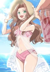  adjusting_clothes adjusting_headwear aerith_gainsborough aerith_gainsborough_(sunny_robe) aozora_airu beach bikini bracelet brown_hair female final_fantasy final_fantasy_vii final_fantasy_vii_ever_crisis green_eyes hat jewelry lens_flare ocean official_alternate_costume open_mouth pink_bikini see-through smile solo_focus straw_hat sunlight swimsuit wet 