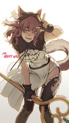  animal_ears arm_up artist_name bent_over bow brown_hair cat_ears cat_girl cat_tail commentary dated english_commentary fangs feet_out_of_frame female final_fantasy final_fantasy_xiv fingerless_gloves gloves grey_background highres holding holding_staff looking_at_viewer miqo&#039;te open_mouth purple_eyes shilin simple_background solo staff tail teeth thighhighs tongue v warrior_of_light_(ff14) watermark 