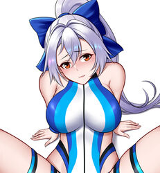  absurdres bare_shoulders blue_bow blue_one-piece_swimsuit blush bow breasts chinese_commentary collarbone commentary_request fate/grand_order fate_(series) female grey_hair hairbow head_tilt highleg highleg_swimsuit highres large_breasts looking_at_viewer looking_up multicolored_clothes multicolored_swimsuit oirin one-piece_swimsuit partial_commentary red_eyes sitting solo spread_legs swimsuit tomoe_gozen_(fate) tomoe_gozen_(swimsuit_saber)_(fate) tomoe_gozen_(swimsuit_saber)_(first_ascension)_(fate) turtleneck turtleneck_one-piece_swimsuit two-tone_swimsuit white_one-piece_swimsuit 