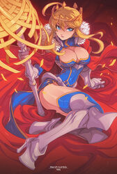  ahoge armor armored_dress artoria_pendragon_(fate) artoria_pendragon_(lancer)_(fate) blue_dress blue_eyes blue_thighhighs boots braid breasts cape cleavage cleavage_cutout clothing_cutout commentary commission covered_navel cross crown dress edwin_huang english_commentary fate/grand_order fate_(series) female french_braid full_body fur-trimmed_cape fur_trim greaves hair_between_eyes high_heel_boots high_heels highleg highleg_leotard highres holding holding_polearm holding_weapon huge_ahoge lance large_breasts leotard narrow_waist photoshop_(medium) polearm red_cape rhongomyniad_(fate) sleeveless sleeveless_turtleneck sleeveless_turtleneck_leotard solo thighhighs thighs turtleneck turtleneck_leotard weapon 