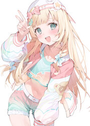  :d absurdres aqua_eyes backwards_hat blonde_hair blunt_bangs blush bow braid collarbone commentary_request crop_top female green_shorts hair_ornament hairbow hana_mori hand_up hat highres hololive jacket kazama_iroha kazama_iroha_(streetwear) leaf_hair_ornament leaning_forward letterman_jacket long_hair looking_at_viewer midriff navel official_alternate_costume open_mouth pastel_colors raccoon_hair_ornament shorts smile solo standing teeth thigh_strap upper_teeth_only v very_long_hair virtual_youtuber white_bow white_hat yume_kawaii 