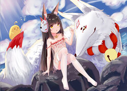  2others animal_ear_fluff animal_ears azur_lane bikini bird black_hair camisole chick chinese_commentary cloud date_shichuan_majiang female fox fox_ears fox_mask fox_tail full_body legs long_hair manjuu_(azur_lane) mask mask_on_head multiple_others nagato_(azur_lane) nagato_(great_fox&#039;s_respite)_(azur_lane) oerba_yun_fang open_mouth outdoors red_bikini see-through sitting sky strap_slip swimsuit tail thighhighs thighs very_long_hair white_thighhighs yellow_eyes 