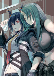  2girls arknights bad_id bad_pixiv_id black_shirt black_shorts blue_hair breasts ch&#039;en_(arknights) closed_mouth clothes_around_waist commentary dragon_horns gloves green_hair hair_between_eyes highres holding holding_paper horns hoshiguma_(arknights) jacket jacket_around_waist large_breasts long_hair midriff multiple_girls navel necktie open_mouth paper parted_bangs red_eyes red_necktie shirt shirt_around_waist shorts single_horn skin-covered_horns standing stomach two-tone_necktie yellow_eyes yellow_necktie yue_(lov_n_n) 