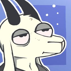  1:1 anthro black_horn blue_background bovid caprine cel_shading digital_drawing_(artwork) digital_media_(artwork) flat_colors floppy_ears fur goat gud headshot_portrait horizontal_pupils horn icon looking_away lop_ears low_res male mammal outline portrait pupils reaction_image shaded simple_background solo tired tired_eyes white_body white_fur white_outline 