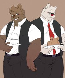  2022 absurd_res anthro bear beverage bottomwear brown_body clothing coffee container cup drip_(kumalino) duo eyewear glasses hi_res humanoid_hands kemono kumalino lost_out_gi male male_focus mammal necktie overweight overweight_male pants polar_bear sanrio shirt simple_background syrup_(kumalino) topwear ursine white_body 