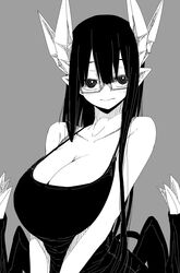  bare_shoulders breasts bright_pupils cleavage closed_mouth demon_girl demon_horns demon_wings dress duplicate female glasses grey_background greyscale highres horns huge_breasts long_hair looking_at_viewer merii_(mazohaha) monochrome musuko_ga_kawaikute_shikatanai_mazoku_no_hahaoya pixel-perfect_duplicate pointy_ears ringed_eyes semi-rimless_eyewear simple_background sleeveless sleeveless_dress solo under-rim_eyewear upper_body v_arms wings zyugoya 