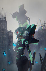  absurdres blue_butterfly bug butterfly commentary_request cosplay crossover double_bun eva_01 eva_01_(cosplay) female from_side glowing glowing_eyes green_hair hair_bun hair_ornament highres hololive ishida_tatsuki mecha mecha_musume neon_genesis_evangelion red_eyes robot science_fiction skull_hair_ornament solo uruha_rushia virtual_youtuber 