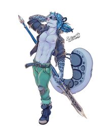  bastionshadowpaw belt clothed clothing fashion felid hi_res jojo male mammal melee_weapon open_clothing open_shirt open_topwear pantherine polearm seraph shirt snow_leopard solo spear topwear weapon 