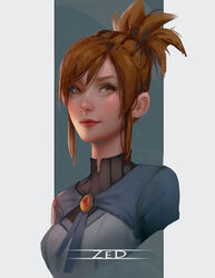  artist_name blue_jacket border brown_eyes brown_hair closed_mouth commentary dota_(series) dota_2 english_commentary female green_background highres jacket lips long_hair marci_(dota) painting_(action) ponytail smile solo upper_body white_border zed_(trungbui42) 