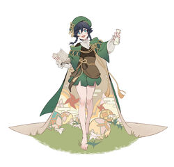  1boy absurdres ball barefoot black_hair blue_eyes blush book bottle braid cape egasumi flower fridaynightcat full_body genshin_impact grass green_cape green_shorts highres holding holding_bottle male_focus official_alternate_costume open_mouth short_hair_with_long_locks shorts smile solo standing suikou_(genshin_impact) tassel temari_ball tokkuri twin_braids venti_(genshin_impact) white_flower 