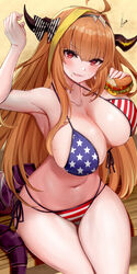  :d absurdres ahoge alternate_costume american_flag american_flag_bikini american_flag_print armpits bare_shoulders beach bikini black_hairband blonde_hair bow breasts burger cleavage commentary crossed_legs diagonal-striped_bow diagonal_stripes dragon_girl dragon_horns dragon_tail eating female flag_print food front-tie_bikini_top front-tie_top hairband halterneck highres holding holding_food hololive horn_bow horn_ornament horns kiryu_coco large_breasts looking_at_viewer multicolored_hair navel oerba_yun_fang open_mouth orange_hair piukute062 print_bikini scales side-tie_bikini_bottom sitting skin_fang skindentation smile solo stomach streaked_hair string_bikini striped striped_bow summer swimsuit tail thighs virtual_youtuber 