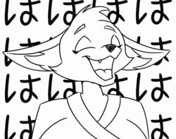  2023 2d_animation animated anthro canid canine closed_eyes clothed clothing conditional_dnp female fennec_fox fox fully_clothed icon japanese_text kemono kimota laugh loop mammal open_mouth short_playtime simple_background solo text true_fox vocalization white_background zp92 